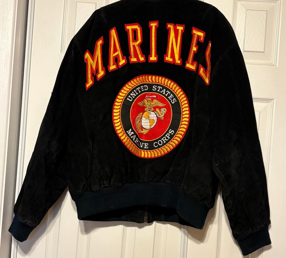 Vintage Michael Hoban Where-M.I. USMC Marines Black Suede Bomber Jacket L